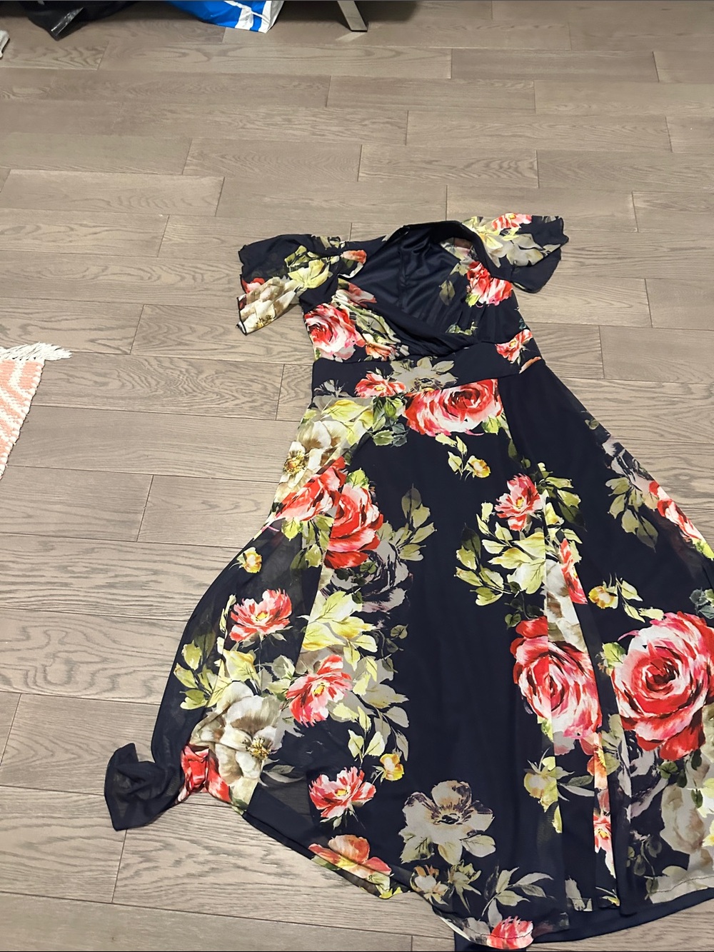 Navy Floral Wrap Midi Dress with Red & Pink Roses